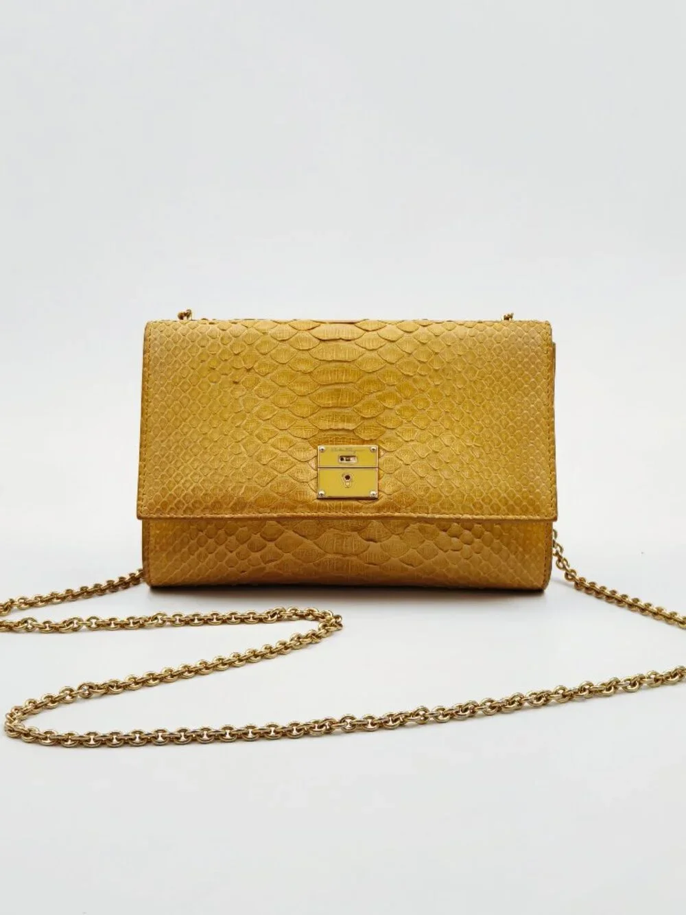 Salvatore Ferragamo Yellow Python Embossed Leather Chain Shoulder Bag Clutch